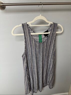 W5 Blue and White Striped Tank Top with Green Accent